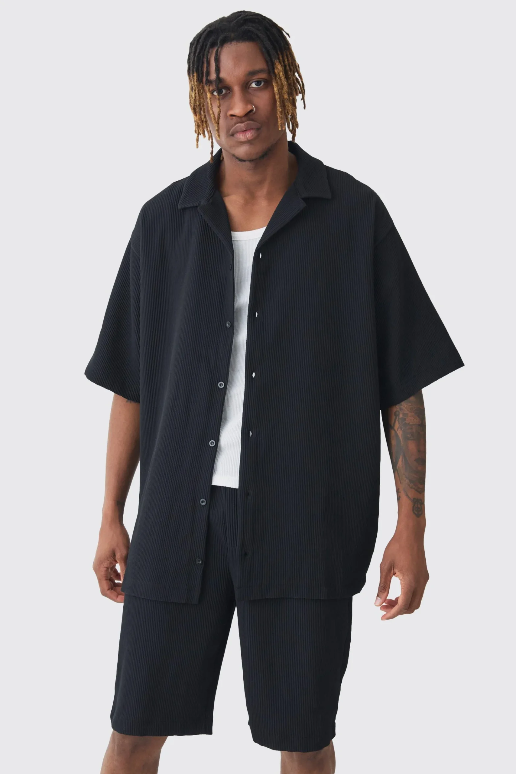 boohooMAN Tall Oversized Short Sleeve Pleated Shirt & Short Set | UK| Sets & Co-Ords
