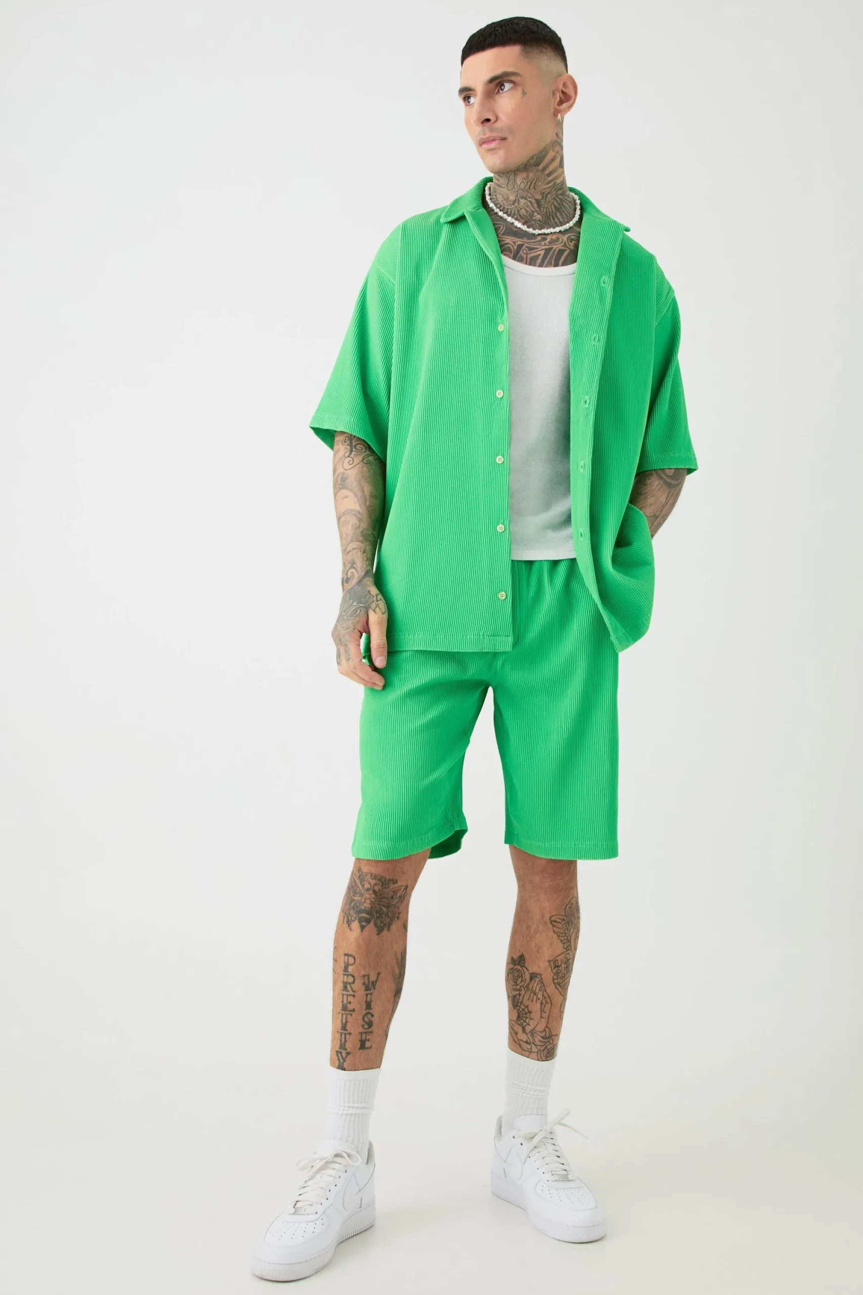boohooMAN Tall Oversized Short Sleeve Pleated Shirt & Short In | UK| Sets & Co-Ords