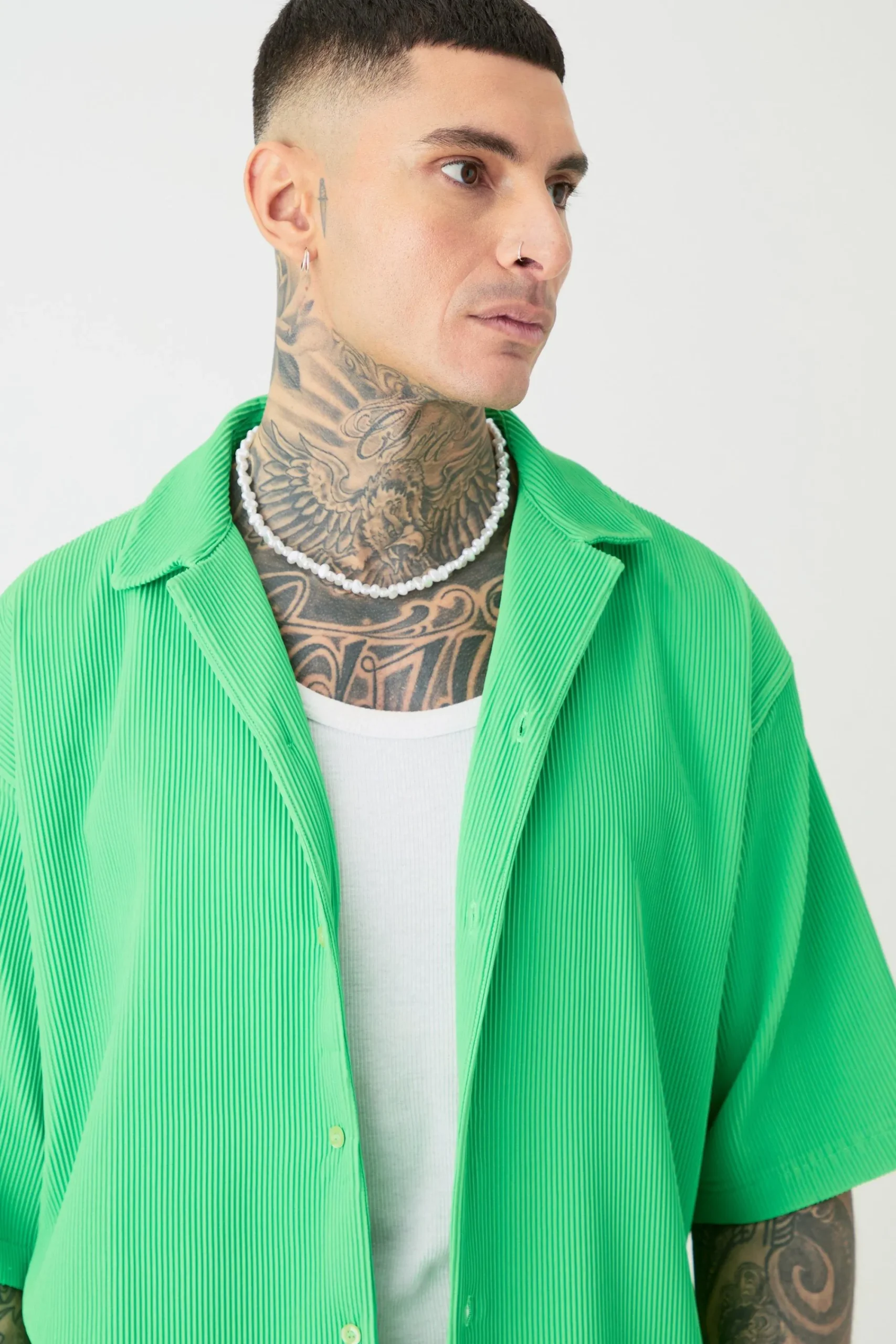 boohooMAN Tall Oversized Short Sleeve Pleated Shirt & Short In | UK| Sets & Co-Ords