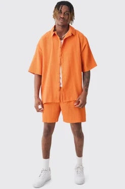 boohooMAN Tall Oversized Short Sleeve Pleated Shirt & Short Set In Sunset | UK| Sets & Co-Ords