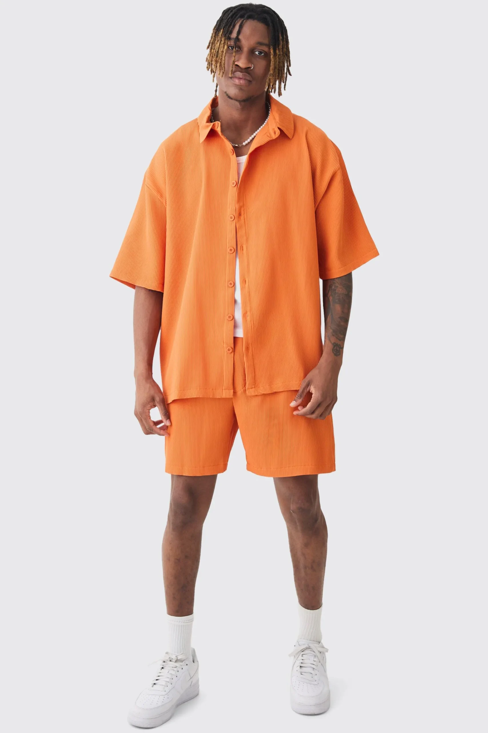 boohooMAN Tall Oversized Short Sleeve Pleated Shirt & Short Set In Sunset | UK| Sets & Co-Ords