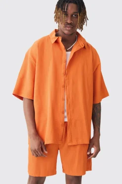 boohooMAN Tall Oversized Short Sleeve Pleated Shirt & Short Set In Sunset | UK| Sets & Co-Ords