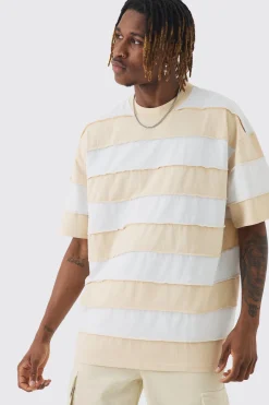 Tall Oversized Stripe Raw Seam T-shirt | UK^boohooMAN Online