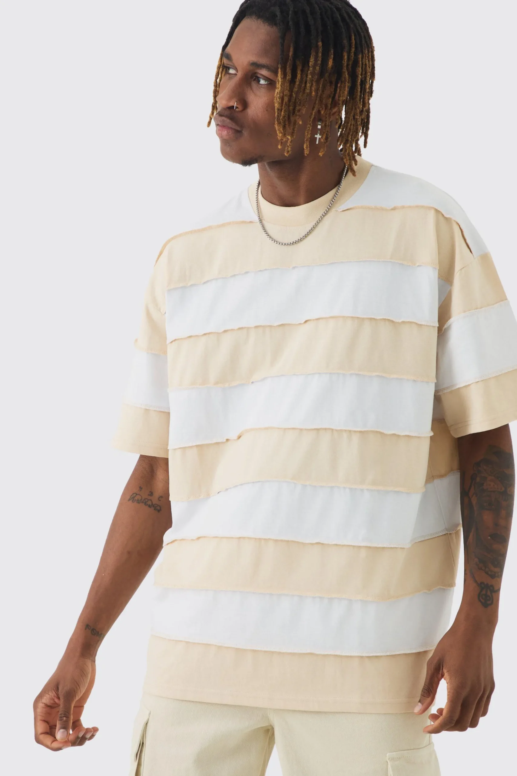 Tall Oversized Stripe Raw Seam T-shirt | UK^boohooMAN Online