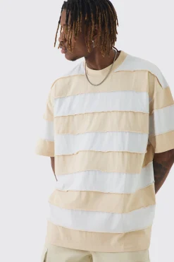 Tall Oversized Stripe Raw Seam T-shirt | UK^boohooMAN Online