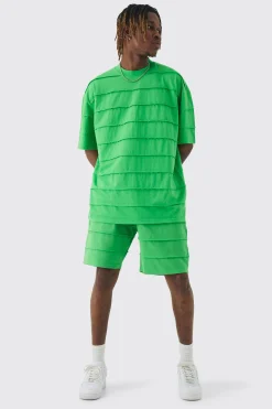 boohooMAN Tall Oversized Stripe Raw Seam T-shirt & Short Set | UK| Tracksuits