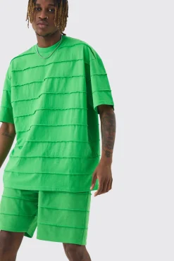 boohooMAN Tall Oversized Stripe Raw Seam T-shirt & Short Set | UK| Tracksuits