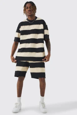 boohooMAN Tall Oversized Stripe Raw Seam T-shirt & Short Set | UK| Tracksuits