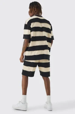 boohooMAN Tall Oversized Stripe Raw Seam T-shirt & Short Set | UK| Tracksuits