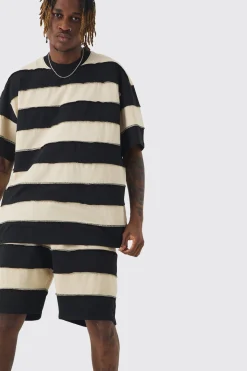 boohooMAN Tall Oversized Stripe Raw Seam T-shirt & Short Set | UK| Tracksuits