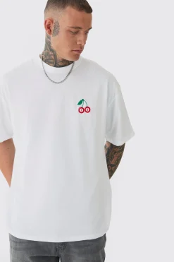 Tall Oversized Tall Cherry Embroidered T-shirt In | UK^boohooMAN