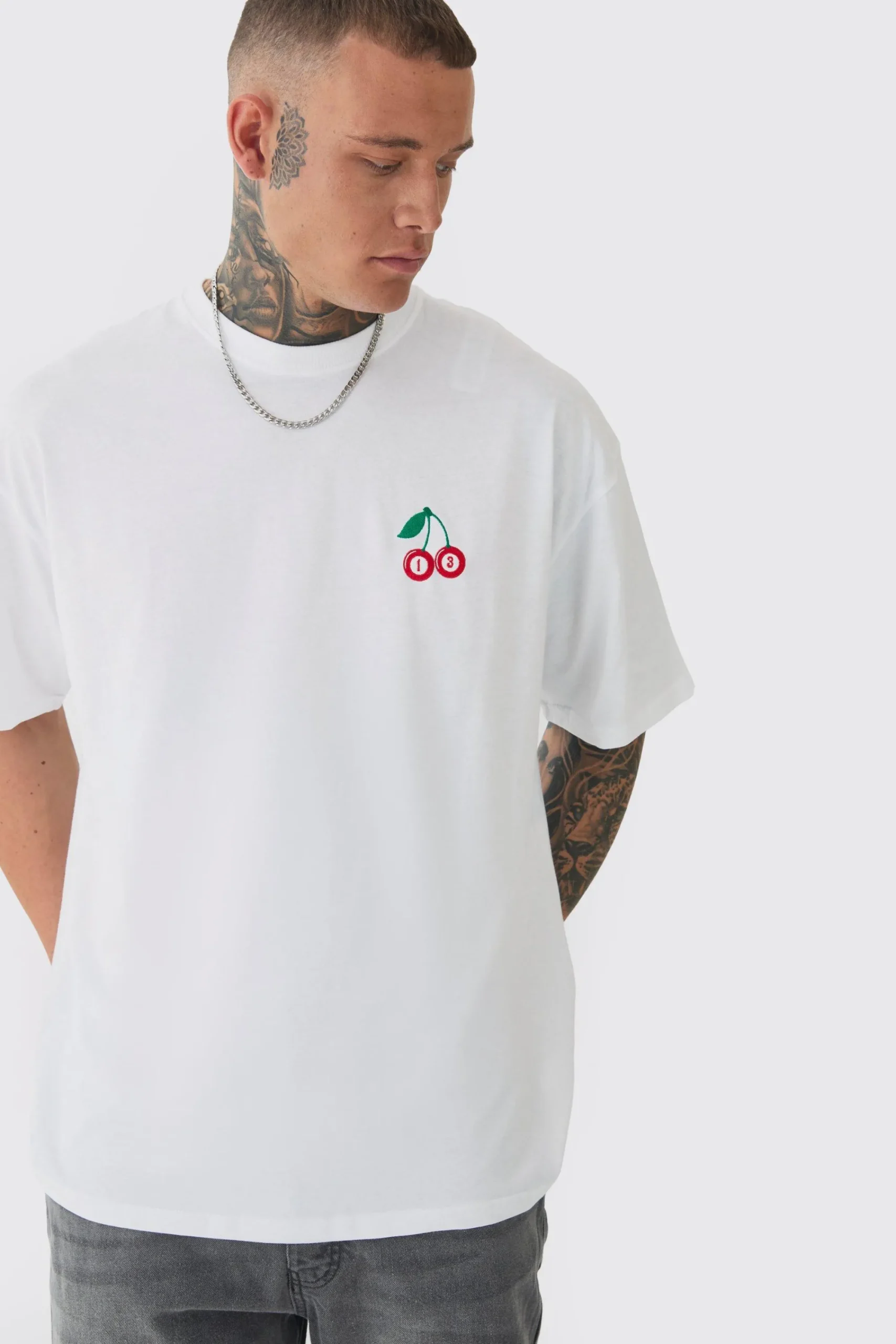 Tall Oversized Tall Cherry Embroidered T-shirt In | UK^boohooMAN
