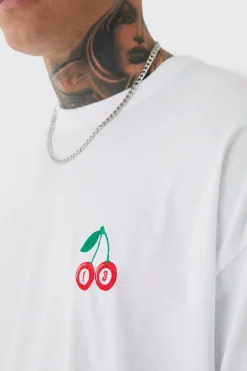 Tall Oversized Tall Cherry Embroidered T-shirt In | UK^boohooMAN