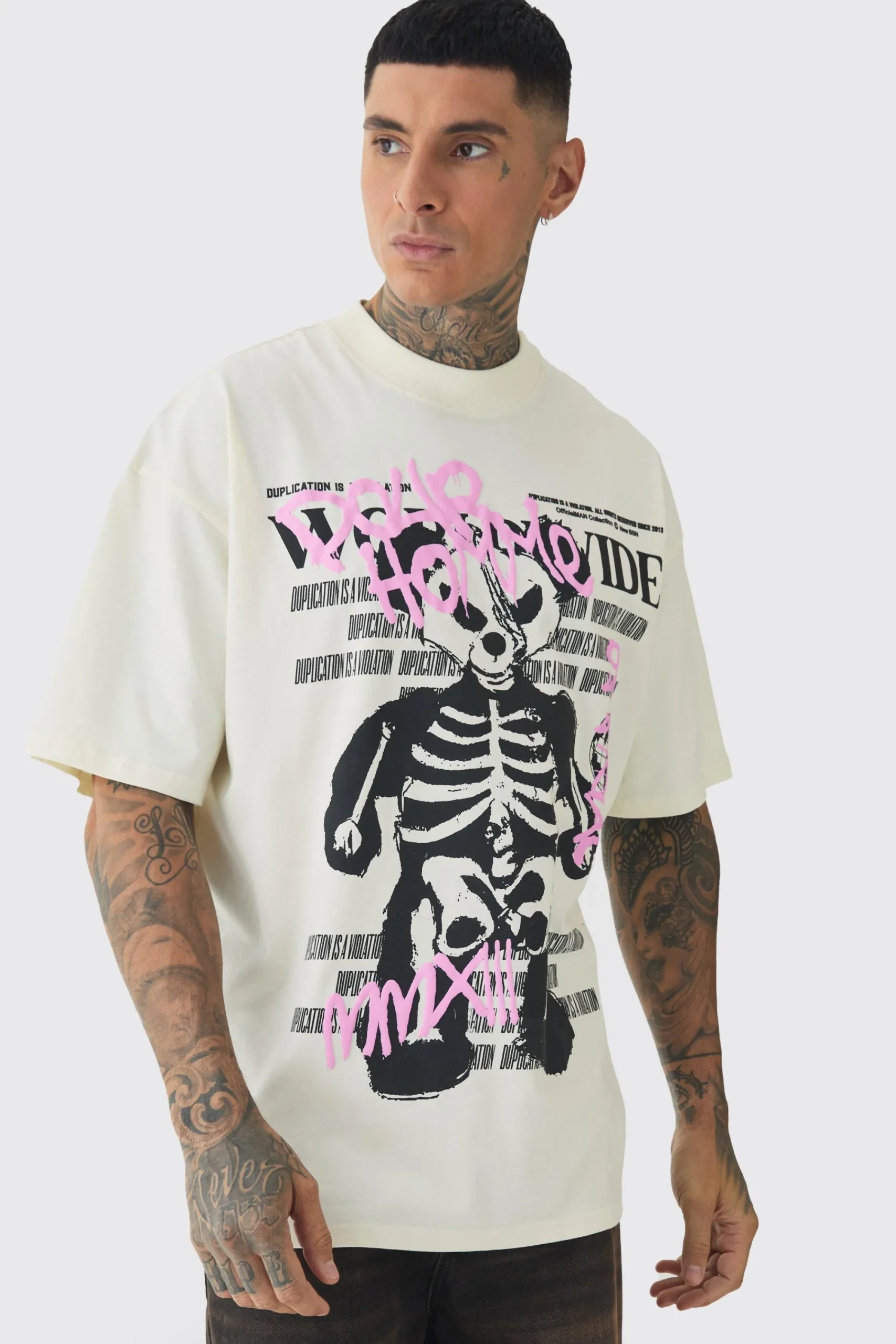 Tall Oversized Teddy Skeleton Graphic Puff Print T-Shirt | UK^boohooMAN Discount