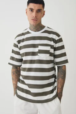 Tall Oversized Textured Stripe T-shirt | UK^boohooMAN