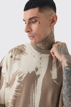 Tall Oversized Tonal Abstract Drawing Knitted T-shirt | UK^boohooMAN Hot