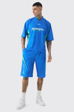 boohooMAN Tall Oversized V Neck Mesh Moto Printed T-shirt & Short Set | UK| Tracksuits