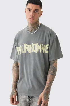 Tall Oversized Washed Pour Homme Print T-shirt | UK^boohooMAN Outlet