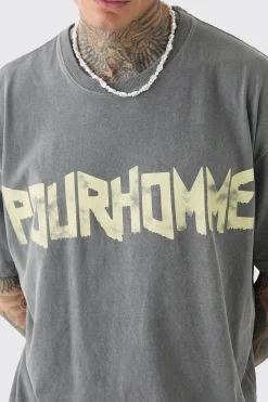 Tall Oversized Washed Pour Homme Print T-shirt | UK^boohooMAN Outlet