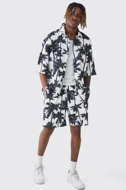 boohooMAN Tall Palm Printed Oversized Short Sleeve Pleated Shirt & Short Set | UK| Sets & Co-Ords