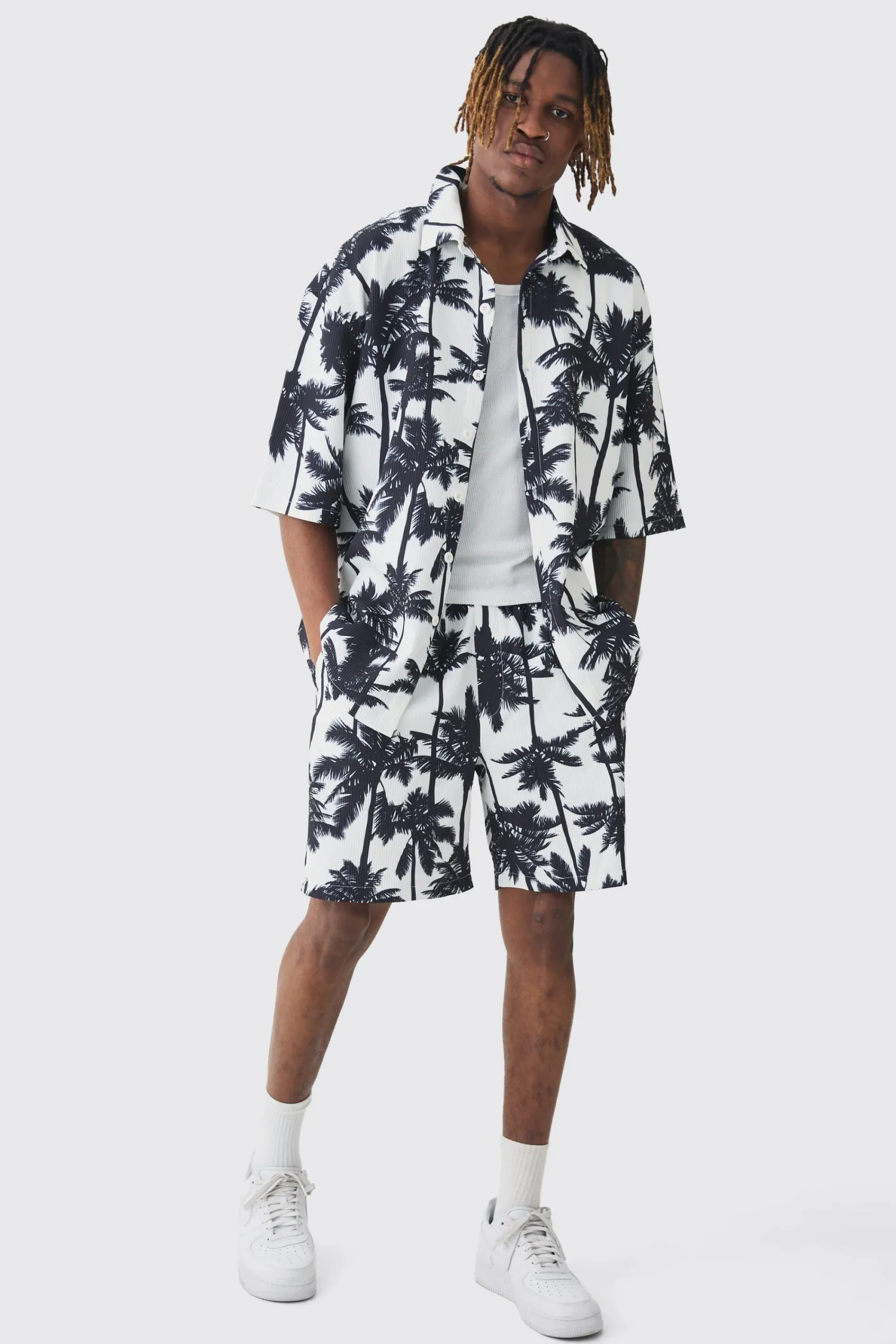 boohooMAN Tall Palm Printed Oversized Short Sleeve Pleated Shirt & Short Set | UK| Sets & Co-Ords