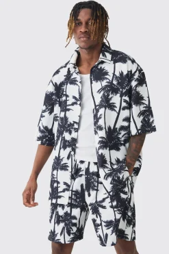 boohooMAN Tall Palm Printed Oversized Short Sleeve Pleated Shirt & Short Set | UK| Sets & Co-Ords