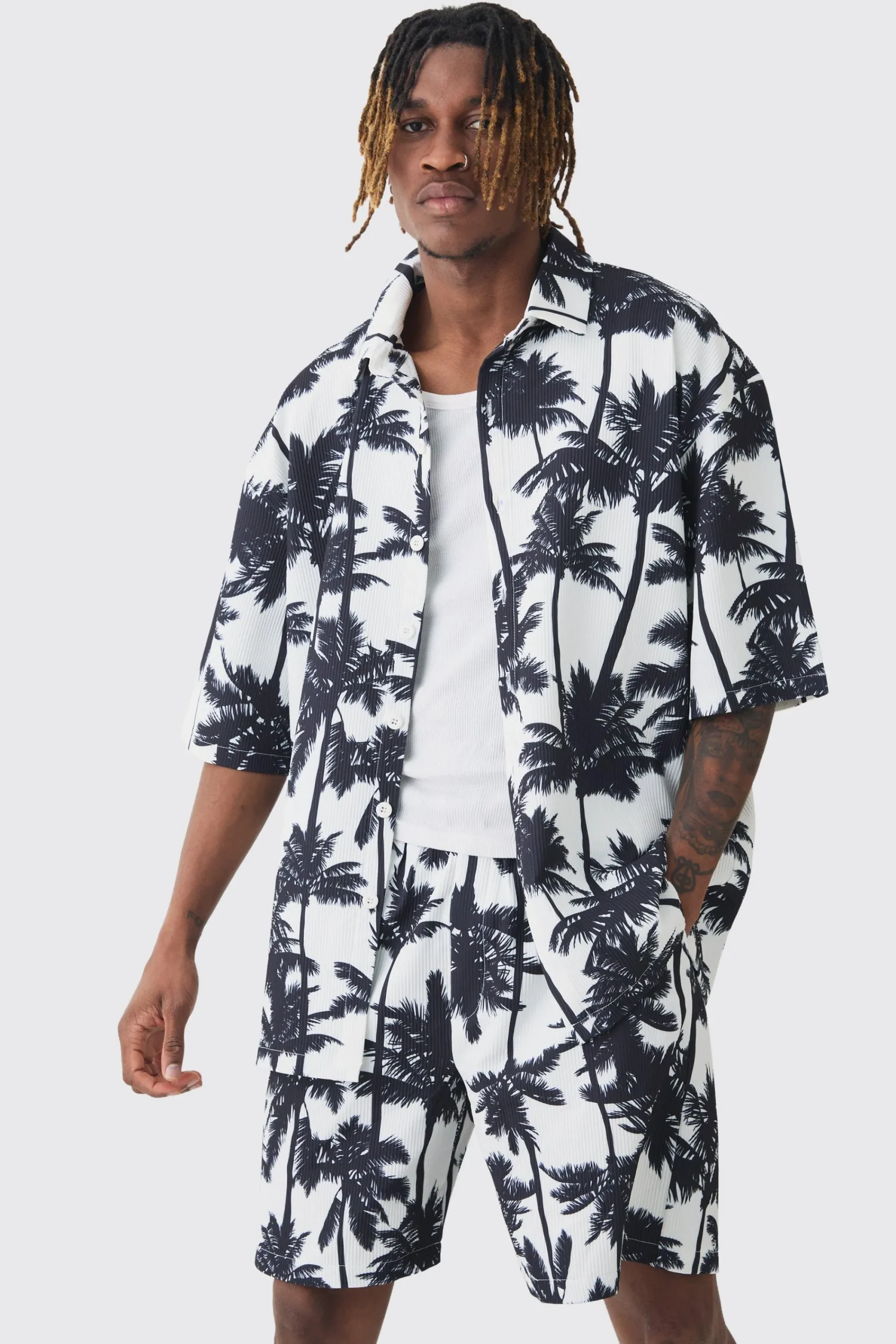 boohooMAN Tall Palm Printed Oversized Short Sleeve Pleated Shirt & Short Set | UK| Sets & Co-Ords
