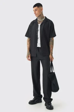 boohooMAN Tall Pinstripe Revere Shirt & Relaxed Trouser Set | UK| Trousers|Sets & Co-Ords