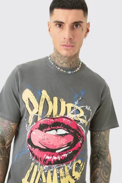 Tall Pour Homme Lips T-shirt In Acid Wash | UK^boohooMAN Clearance
