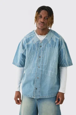 Tall Printed Graphic Denim Baseball Shirt | UK^boohooMAN Best