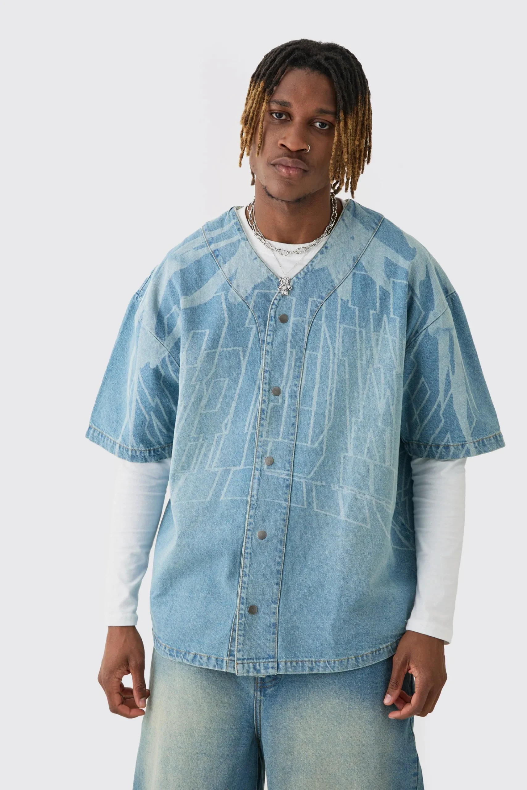 Tall Printed Graphic Denim Baseball Shirt | UK^boohooMAN Best
