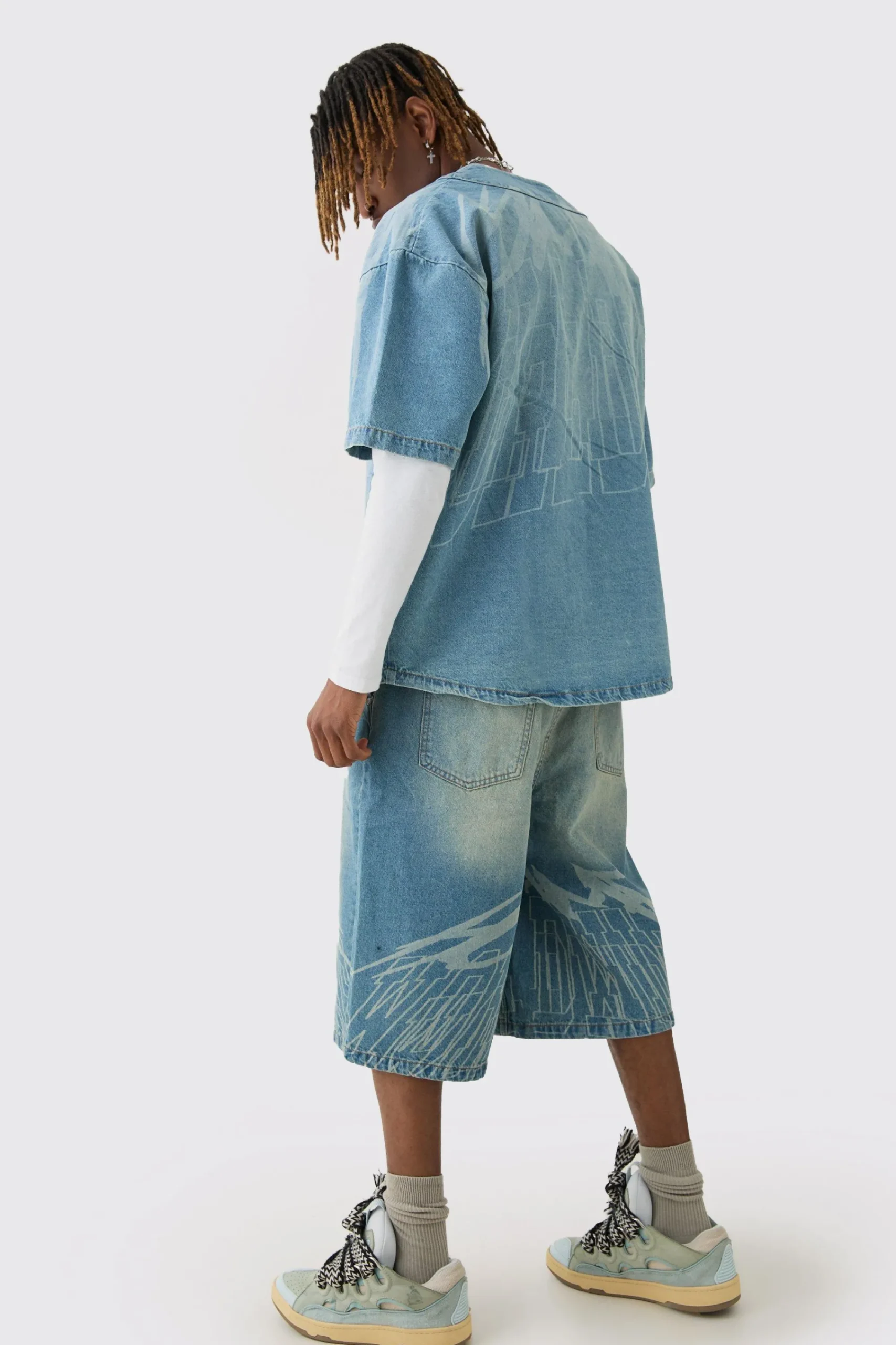 Tall Printed Graphic Denim Baseball Shirt | UK^boohooMAN Best