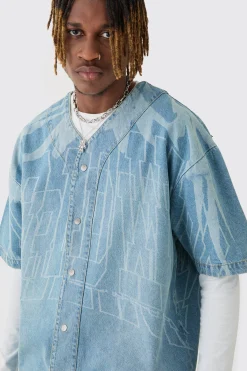 Tall Printed Graphic Denim Baseball Shirt | UK^boohooMAN Best
