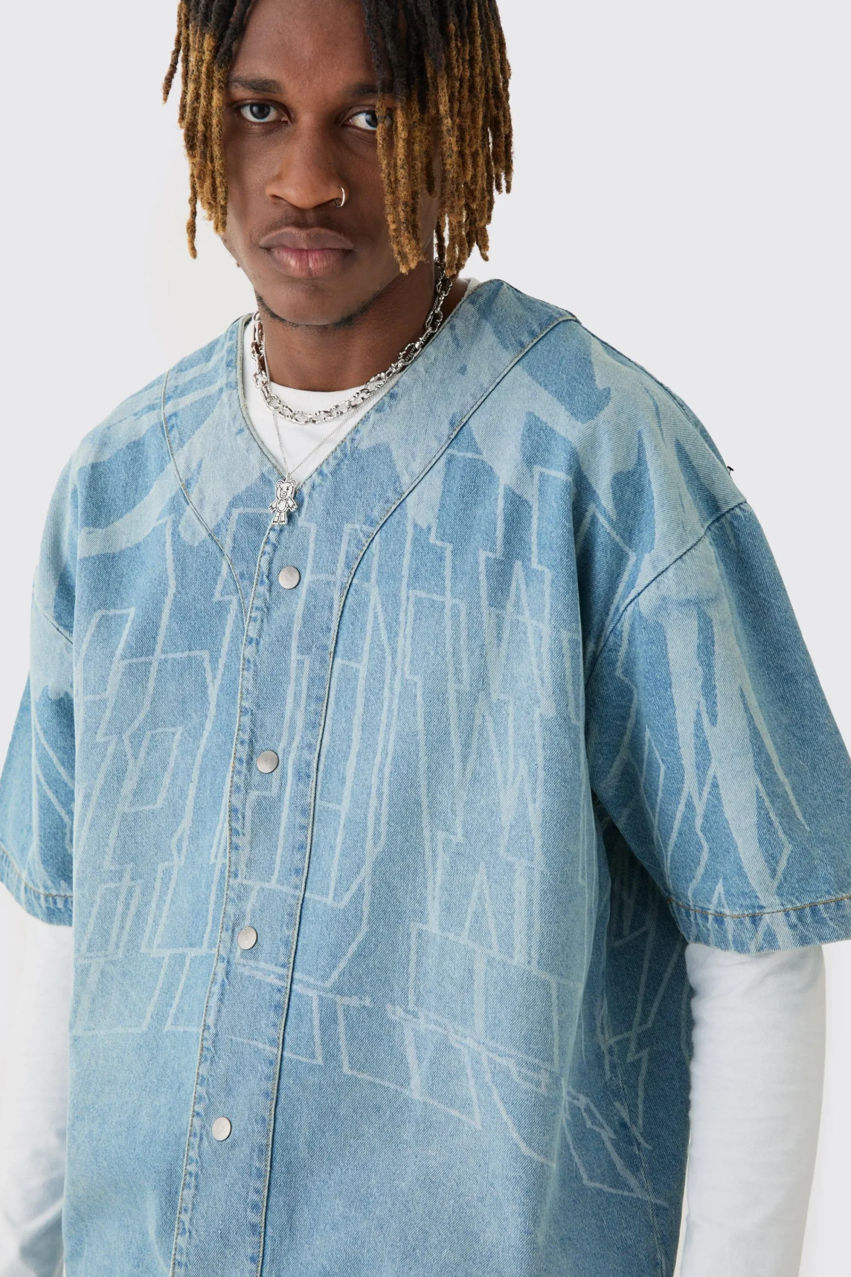 Tall Printed Graphic Denim Baseball Shirt | UK^boohooMAN Best