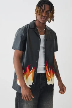 boohooMAN Tall PU Flame Embroidery Shirt | UK| Shirts