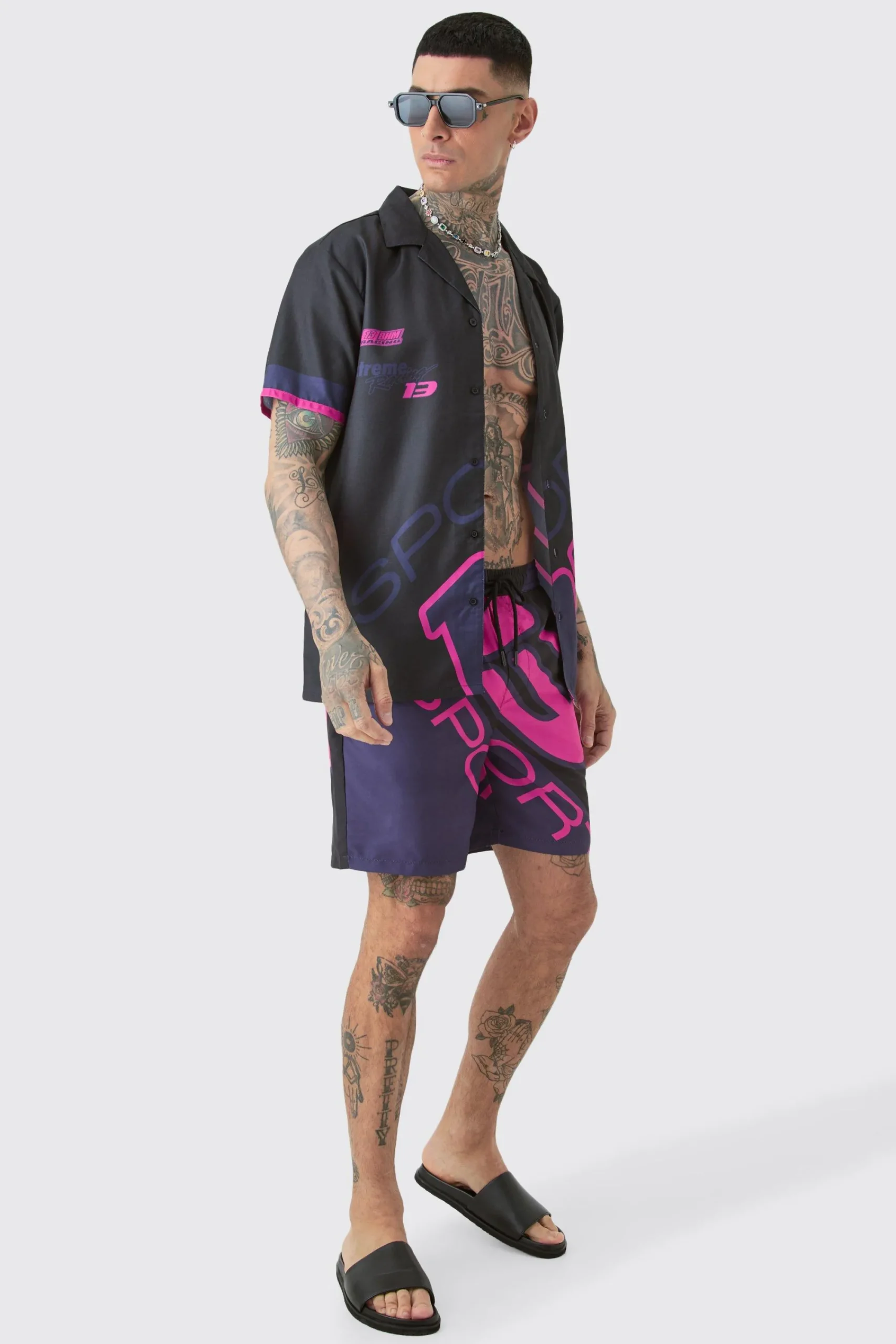 boohooMAN Tall Regular Moto Print Shirt & Swim Short Set | UK| Sets & Co-Ords