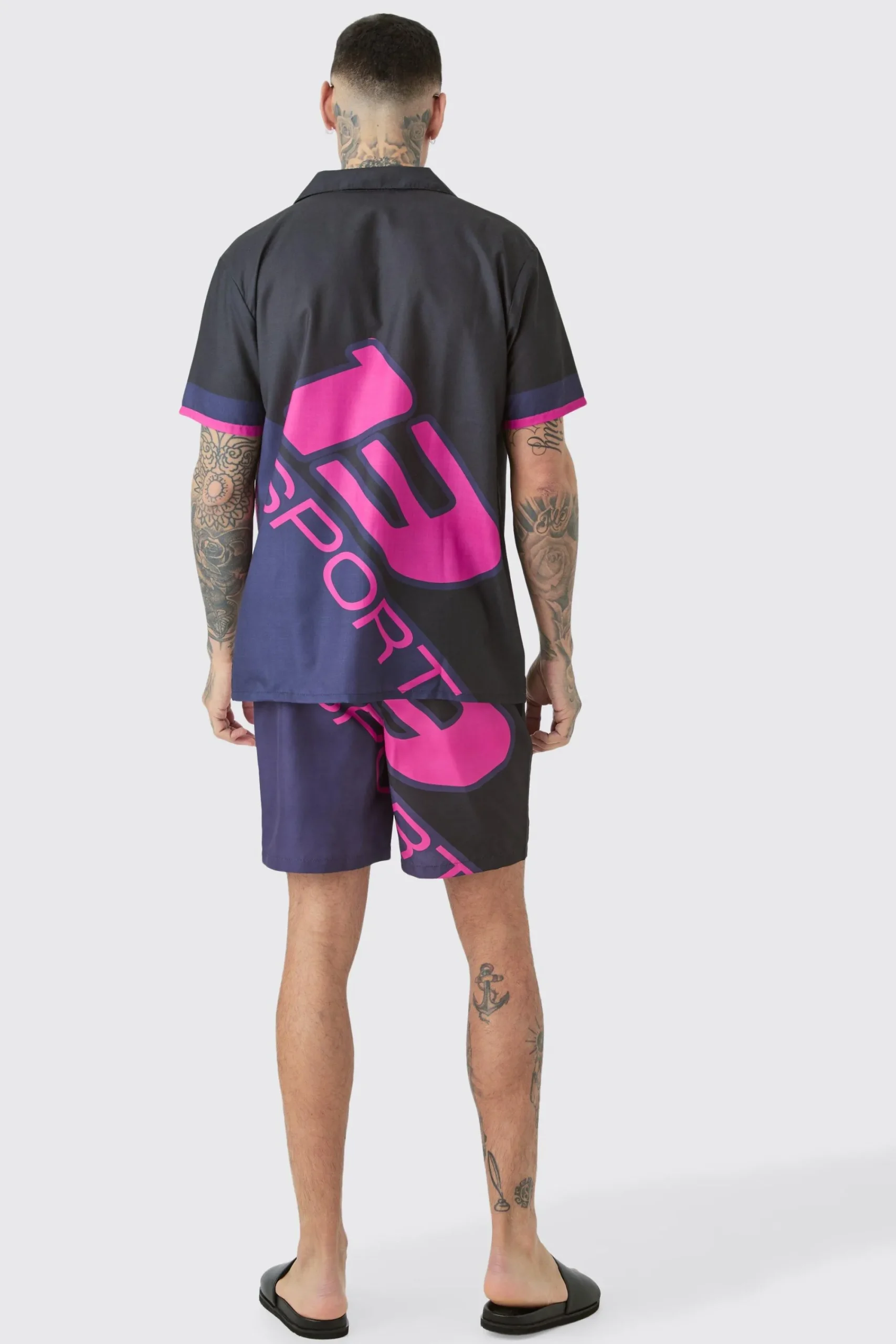 boohooMAN Tall Regular Moto Print Shirt & Swim Short Set | UK| Sets & Co-Ords