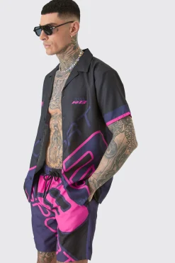 boohooMAN Tall Regular Moto Print Shirt & Swim Short Set | UK| Sets & Co-Ords