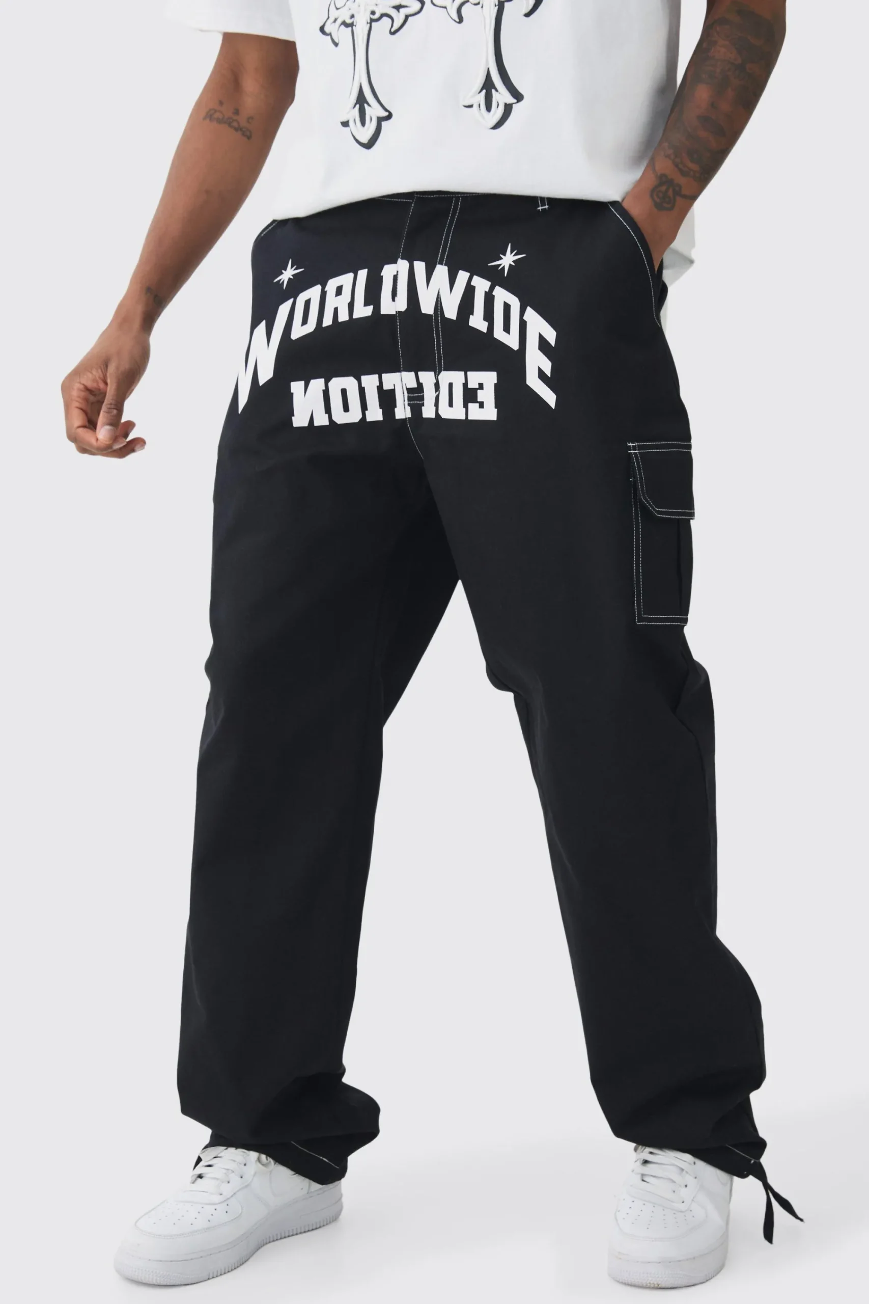 boohooMAN Tall Relaxed Cargo Worldwide Print Trouser | UK| Trousers