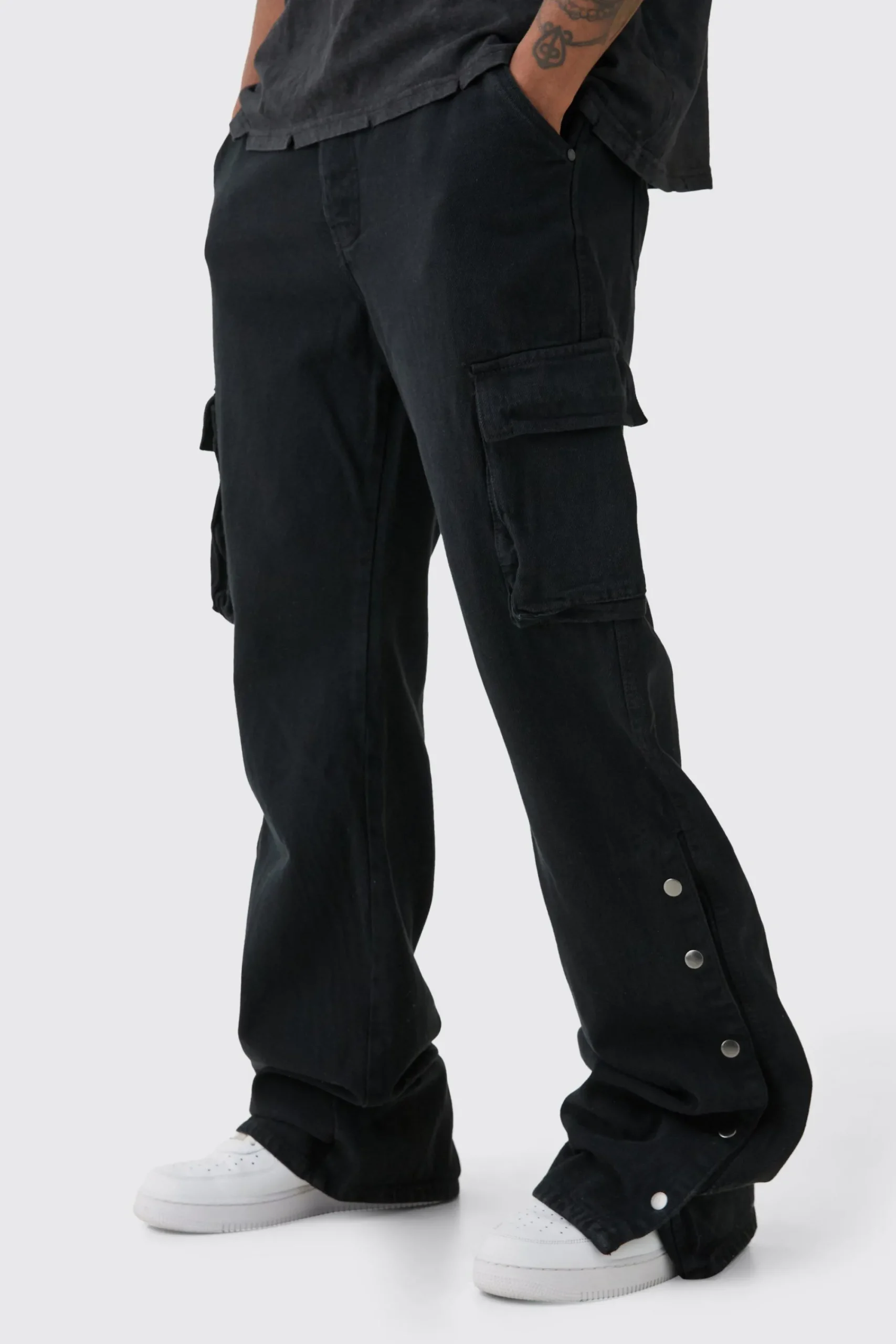 boohooMAN Tall Relaxed Flare Overdye Popper Hem Cargo Trouser In | UK| Trousers|Cargos