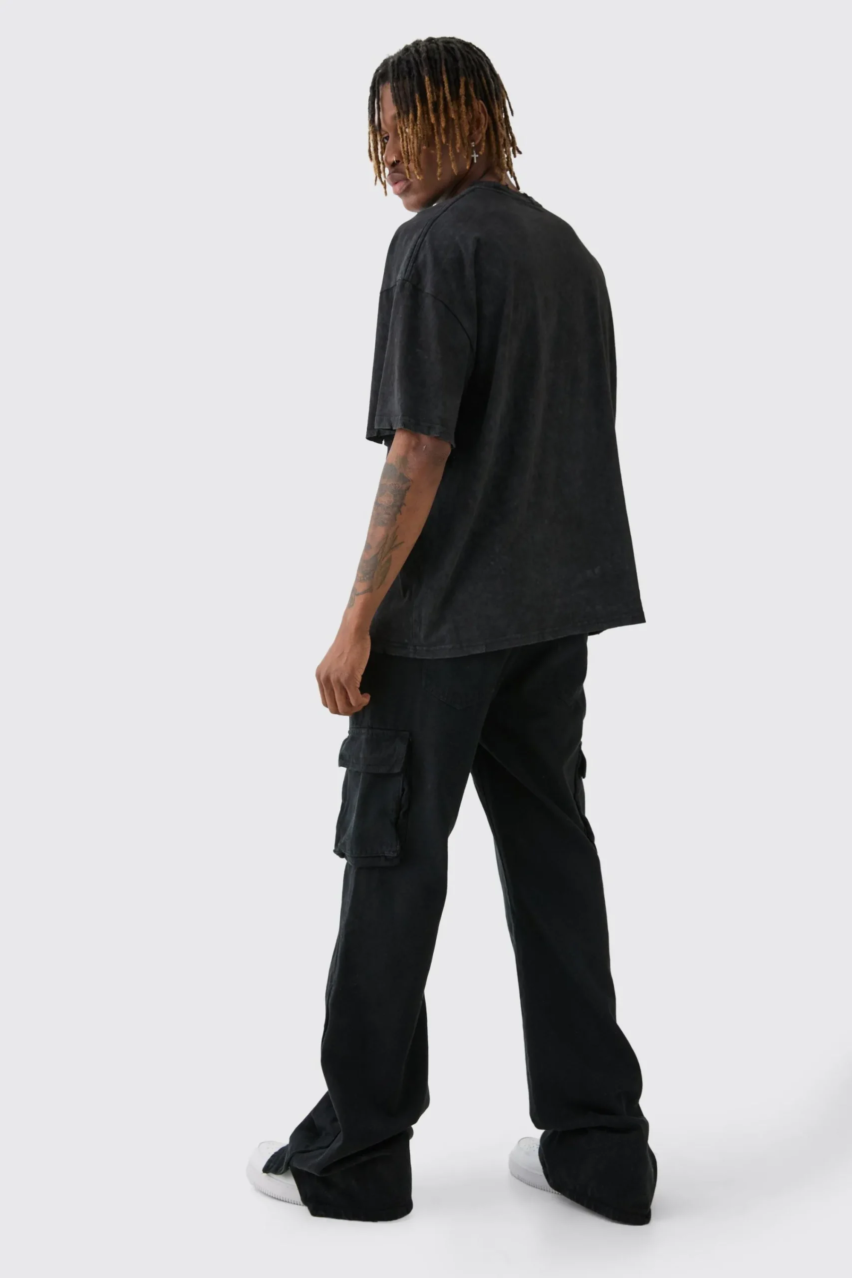 boohooMAN Tall Relaxed Flare Overdye Popper Hem Cargo Trouser In | UK| Trousers|Cargos