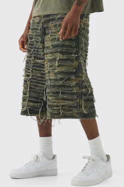 boohooMAN Tall Relaxed Heavily Distressed Camo Jort | UK| Shorts
