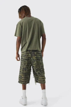 boohooMAN Tall Relaxed Heavily Distressed Camo Jort | UK| Shorts