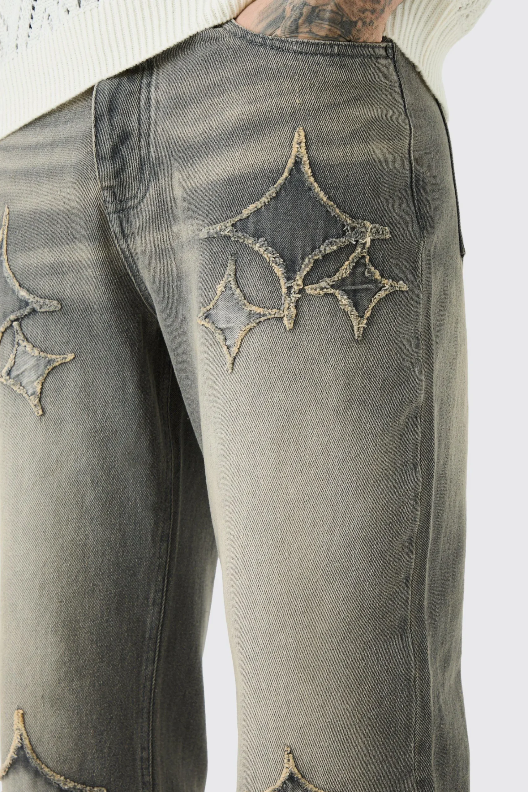 boohooMAN Tall Relaxed Rigid Flare Self Fabric Applique Gusset Jeans | UK| Trousers|Jeans