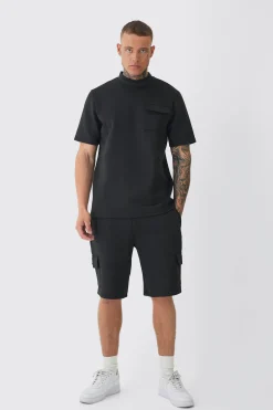 boohooMAN Tall Scuba Extended Neck Pocket T-shirt & Cargo Short Set | UK| Shorts|Tracksuits