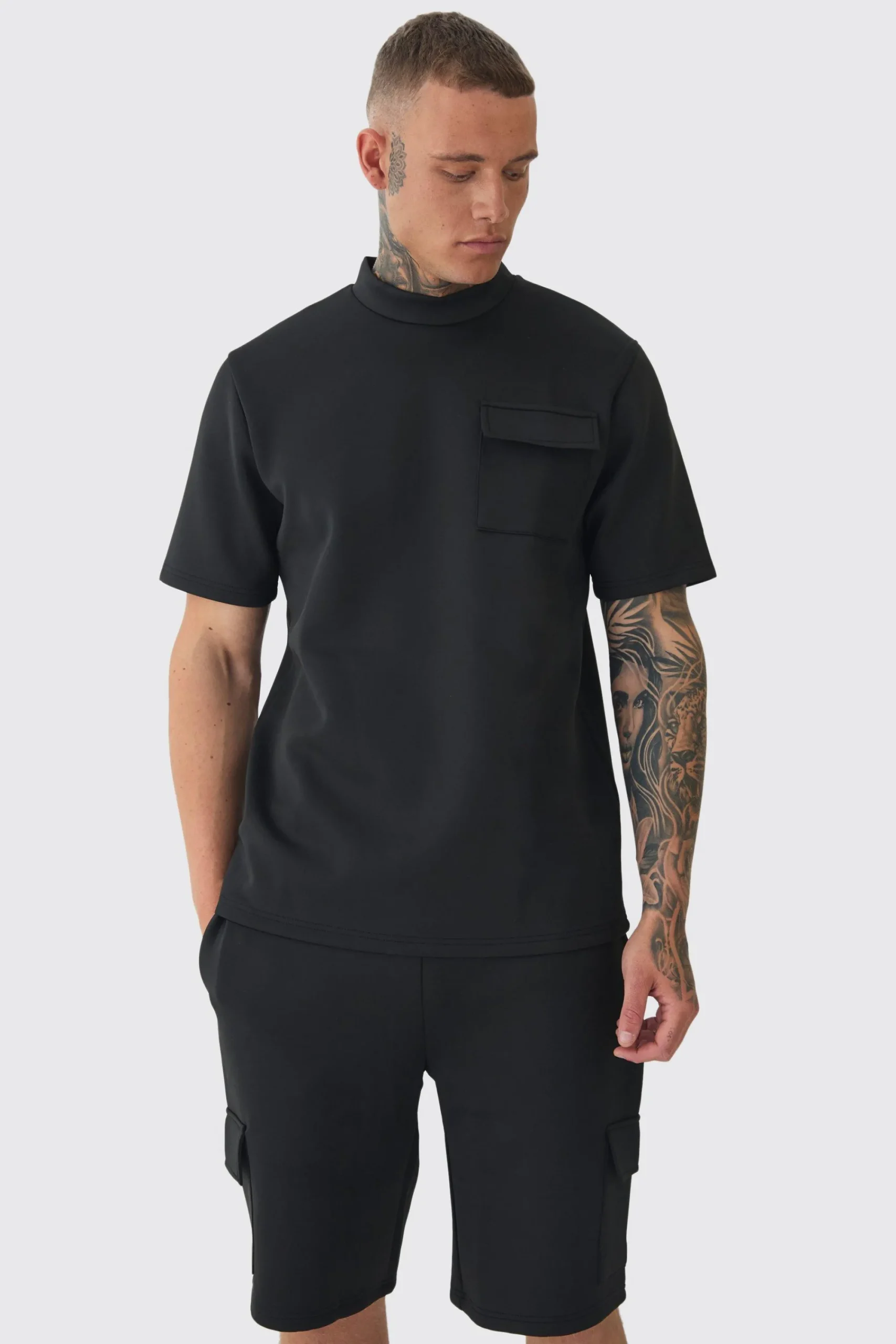 boohooMAN Tall Scuba Extended Neck Pocket T-shirt & Cargo Short Set | UK| Shorts|Tracksuits