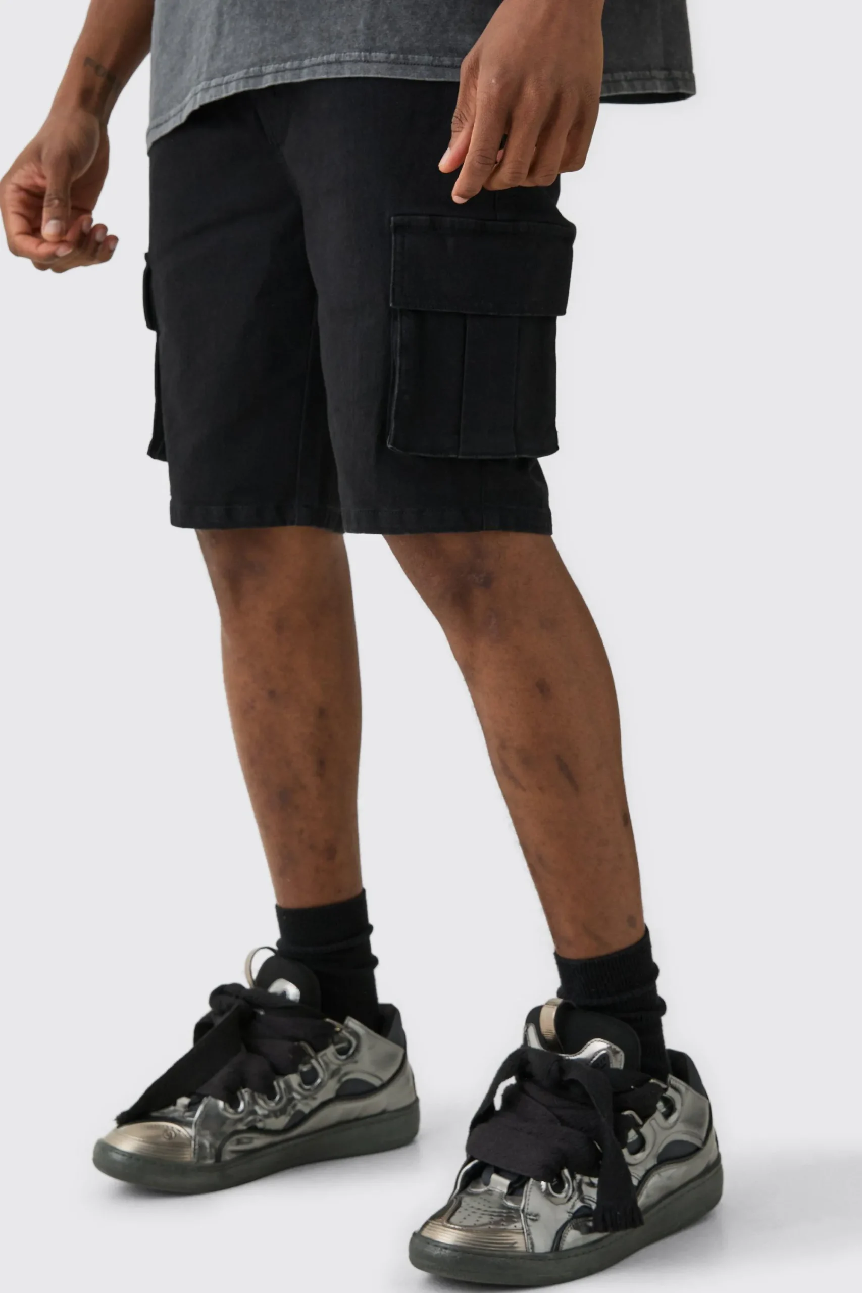 boohooMAN Tall Skinny Stretch Cargo Denim Shorts In Black | UK| Shorts