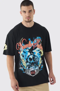 Tall Skull Flame Print Oversized T-shirt In | UK^boohooMAN Outlet