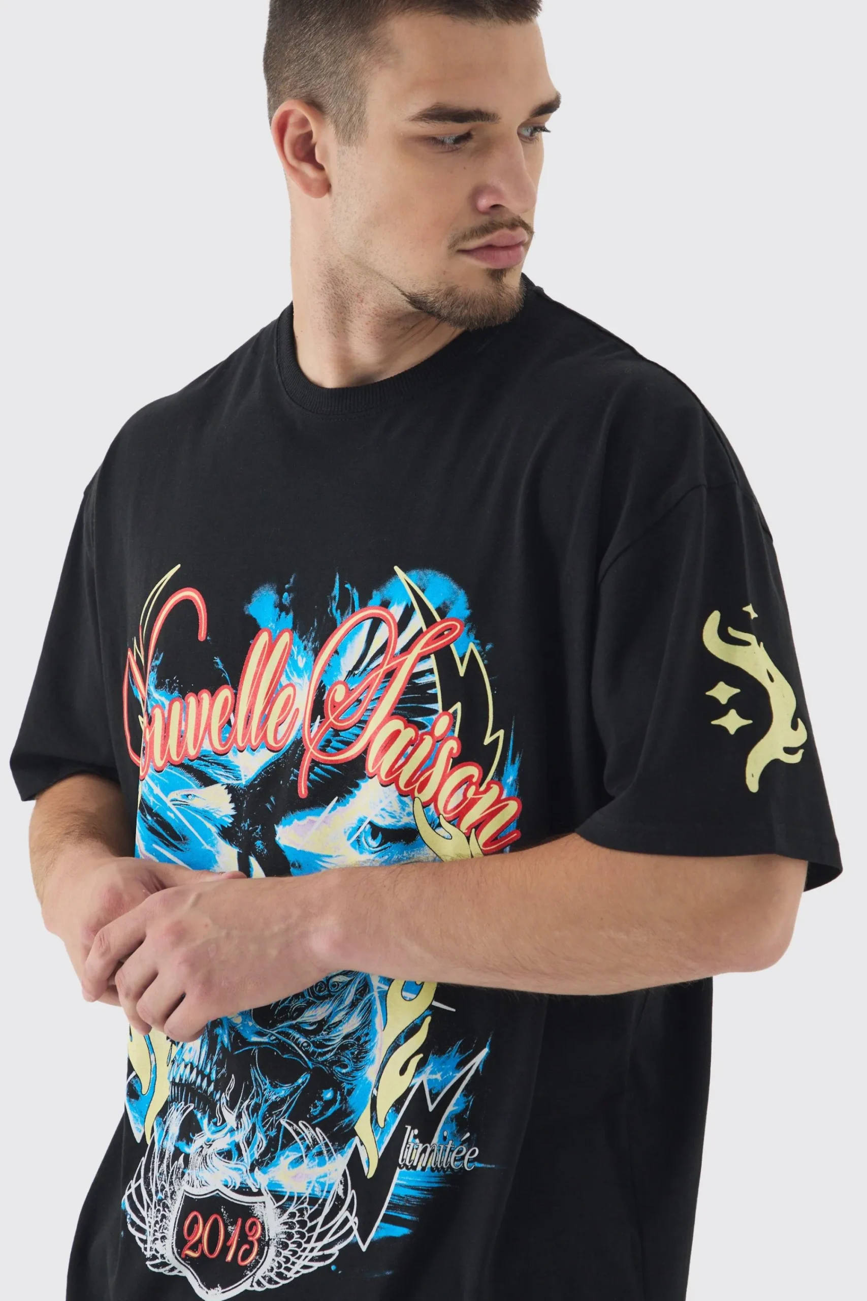 Tall Skull Flame Print Oversized T-shirt In | UK^boohooMAN Outlet