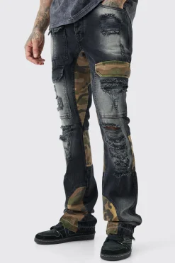 boohooMAN Tall Slim Rigid Flare Camo Repair Cargo Jeans | UK| Trousers|Jeans